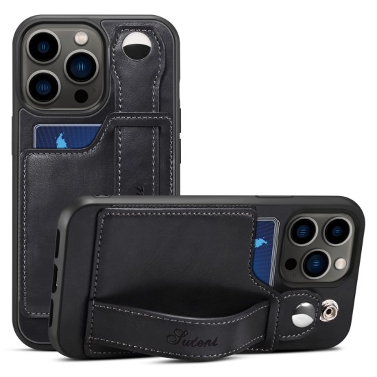 Suteni Impact Buffer PU Leather Back Case with Card Slot and Kickstand priekš Apple iPhone 14 Pro Max - Melns - mākslīgās ādas aizmugures apvalks ar kabatiņu un statīvu / bampers-vāciņš