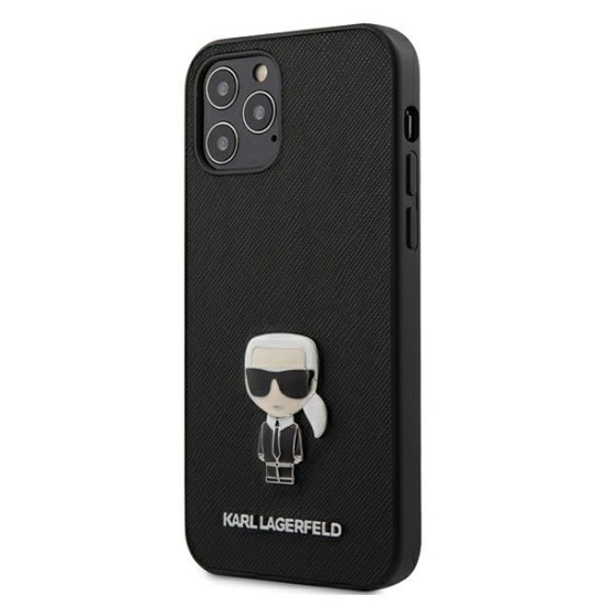 Karl Lagerfeld Saffiano Ikonik Metal series Back Case KLHCP12LIKMSBK priekš Apple iPhone 12 Pro Max - Melns - mākslīgās ādas aizmugures apvalks / bampers-vāciņš