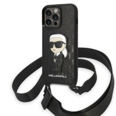 Karl Lagerfeld Monogram Ikonik Patch series Back Case KLHCP14LSTKMK priekš Apple iPhone 14 Pro - Melns - mākslīgās ādas aizmugures apvalks ar siksniņu / bampers-vāciņš