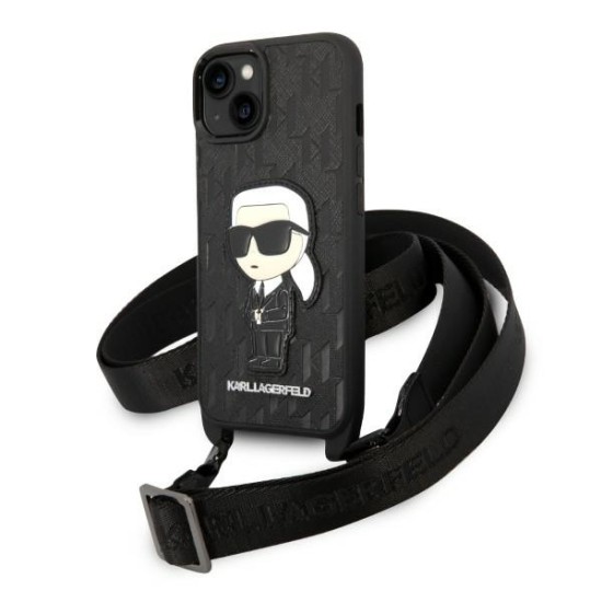 Karl Lagerfeld Monogram Ikonik Patch series Back Case KLHCP14MSTKMK priekš Apple iPhone 14 Plus - Melns - mākslīgās ādas aizmugures apvalks ar siksniņu / bampers-vāciņš