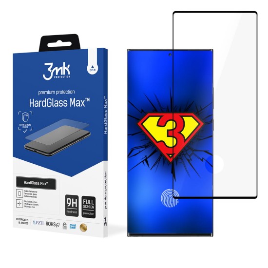 3MK HardGlass Max (Fingerprint Friendly) Tempered Glass protector priekš Samsung Galaxy S22 Ultra 5G S908 - Melns - ekrāna aizsargstikls / bruņu stikls