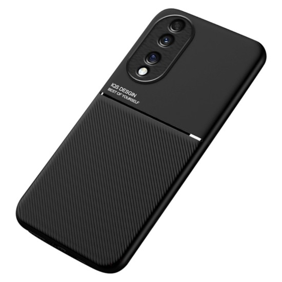 TPU Inner Edge PU Leather Shockproof Phone Cover Built-in Metal Sheet priekš Huawei Honor 70 - Melns - mākslīgās ādas aizmugures apvalks ar iebūvētu metālisku plāksni