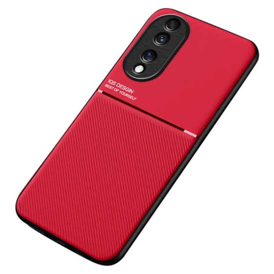 TPU Inner Edge PU Leather Shockproof Phone Cover Built-in Metal Sheet priekš Huawei Honor 70 - Sarkans - mākslīgās ādas aizmugures apvalks ar iebūvētu metālisku plāksni