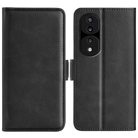 PU Leather Case with Magnetic Double Clasp priekš Huawei Honor 70 - Melns - sāniski atverams maciņš ar magnētu un stendu