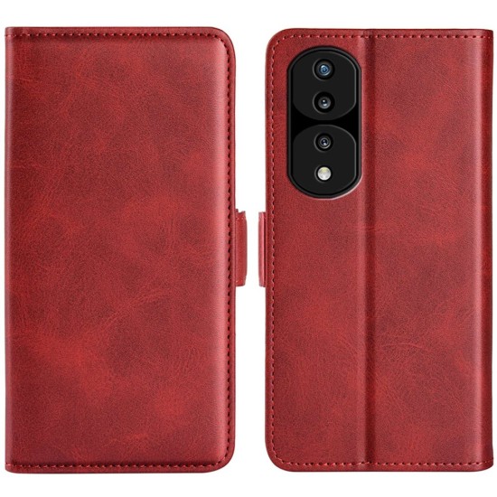 PU Leather Case with Magnetic Double Clasp priekš Huawei Honor 70 - Sarkans - sāniski atverams maciņš ar magnētu un stendu