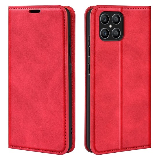 Magnetic Closure Skin-Touch Flip Leather Book Case priekš Huawei Honor X8 - Sarkans - sāniski atverams maciņš ar magnētu un stendu / grāmatveida maks