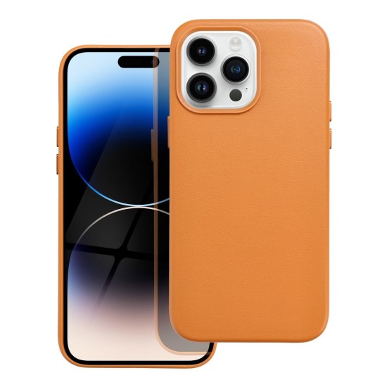Leather MagSafe Back Case priekš Apple iPhone 14 Pro Max - Tumši Oranžs - mākslīgās ādas aizmugures apvalks / bampers-vāciņš