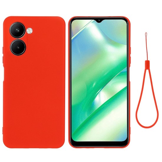 Microfiber Lining Liquid Silicone Shockproof Phone Case with Strap priekš Realme C33 - Sarkans - silikona aizmugures apvalks ar auklu / bampers