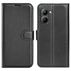 Litchi Texture Folio Flip Leather Book Case priekš Realme C33 - Melns - sāniski atverams maciņš ar magnētu un stendu