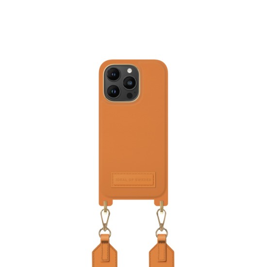iDeal of Sweden Athena Necklace AS22 Back Case priekš Apple iPhone 14 Pro - Orange Sorbet - mākslīgās ādas aizmugures apvalks ar siksniņu un Airpods somiņu / bampers-vāciņš