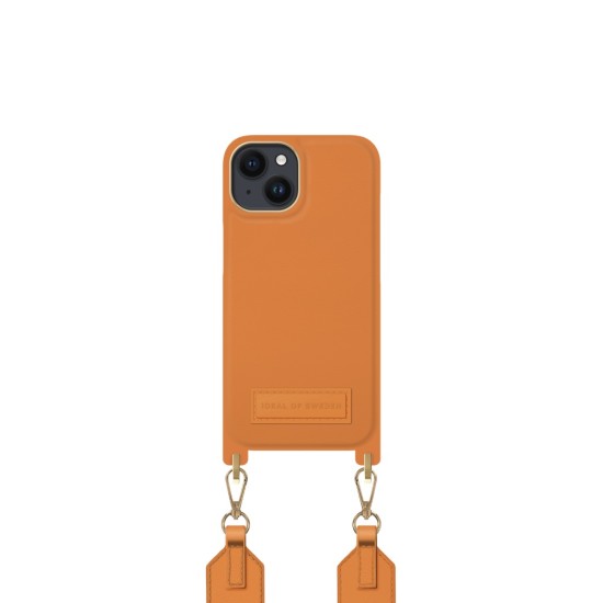 iDeal of Sweden Athena Necklace AS22 Back Case priekš Apple iPhone 14 - Orange Sorbet - mākslīgās ādas aizmugures apvalks ar siksniņu un Airpods somiņu / bampers-vāciņš