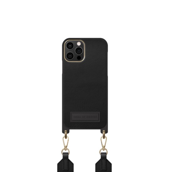 iDeal of Sweden Athena Necklace AS22 Back Case priekš Apple iPhone 12 / 12 Pro - Black - mākslīgās ādas aizmugures apvalks ar siksniņu un Airpods somiņu / bampers-vāciņš