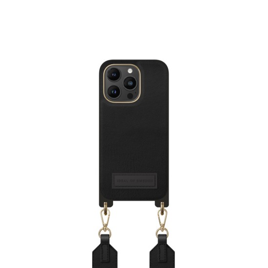 iDeal of Sweden Athena Necklace AS22 Back Case priekš Apple iPhone 14 Pro - Black - mākslīgās ādas aizmugures apvalks ar siksniņu un Airpods somiņu / bampers-vāciņš