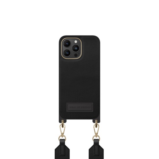 iDeal of Sweden Athena Necklace AS22 Back Case priekš Apple iPhone 14 Pro Max - Black - mākslīgās ādas aizmugures apvalks ar siksniņu un Airpods somiņu / bampers-vāciņš