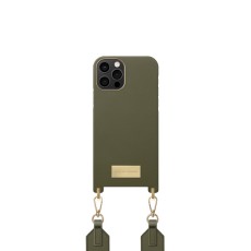 iDeal of Sweden Athena Necklace AG22 Back Case priekš Apple iPhone 12 / 12 Pro - Khaki - mākslīgās ādas aizmugures apvalks ar siksniņu un Airpods somiņu / bampers-vāciņš