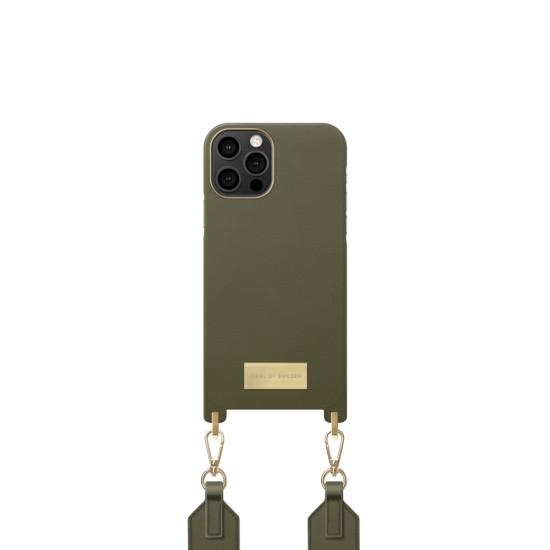 iDeal of Sweden Athena Necklace AG22 Back Case priekš Apple iPhone 12 / 12 Pro - Khaki - mākslīgās ādas aizmugures apvalks ar siksniņu un Airpods somiņu / bampers-vāciņš