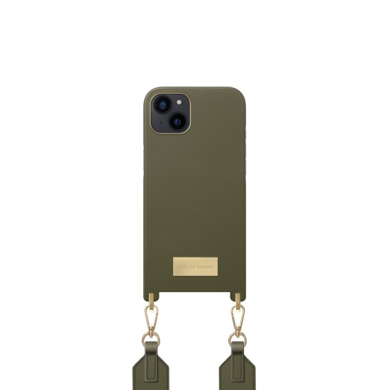 iDeal of Sweden Athena Necklace AG22 Back Case priekš Apple iPhone 13 - Khaki - mākslīgās ādas aizmugures apvalks ar siksniņu un Airpods somiņu / bampers-vāciņš