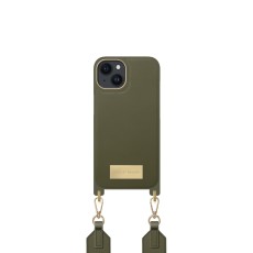 iDeal of Sweden Athena Necklace AG22 Back Case priekš Apple iPhone 14 - Khaki - mākslīgās ādas aizmugures apvalks ar siksniņu un Airpods somiņu / bampers-vāciņš