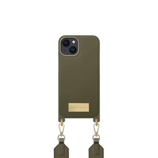 iDeal of Sweden Athena Necklace AG22 Back Case priekš Apple iPhone 14 - Khaki - mākslīgās ādas aizmugures apvalks ar siksniņu un Airpods somiņu / bampers-vāciņš