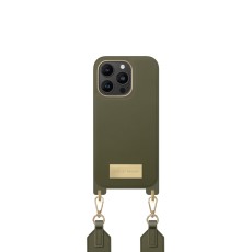 iDeal of Sweden Athena Necklace AG22 Back Case priekš Apple iPhone 14 Pro - Khaki - mākslīgās ādas aizmugures apvalks ar siksniņu un Airpods somiņu / bampers-vāciņš