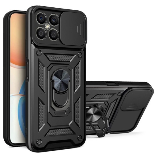 Armor PC / TPU Hybrid Back Cover with Ring and Camera Slide priekš Huawei Honor X8 - Melns - triecienizturīgs silikona aizmugures apvalks ar kameras aizsargmehānismu / bampers-vāciņš