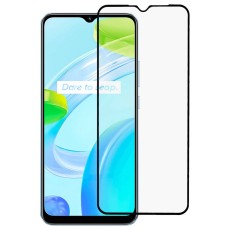 Full Size Silk Print Tempered Glass screen protector guard priekš Realme C30s - Melns - Ekrāna Aizsargstikls / Bruņota Stikla Aizsargplēve (Full screen size curved)