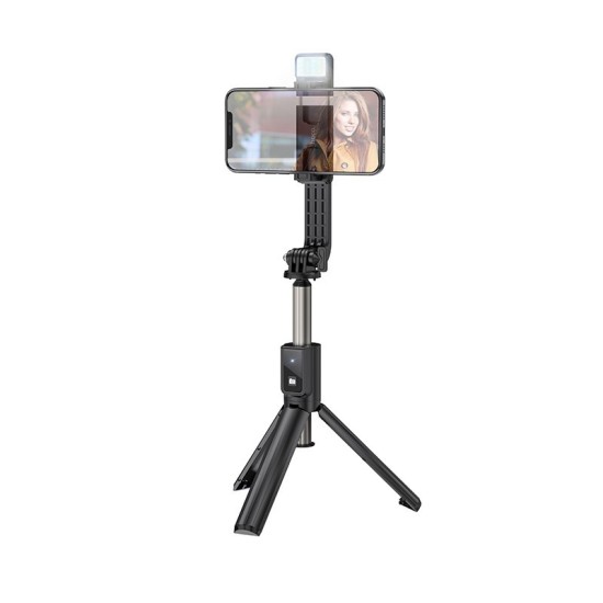 Hoco K15 Bluetooth remote control Selfie Stick with Tripod and Flash Light - Melns - Selfie monopod Teleskopisks Universāla stiprinājuma statīvs