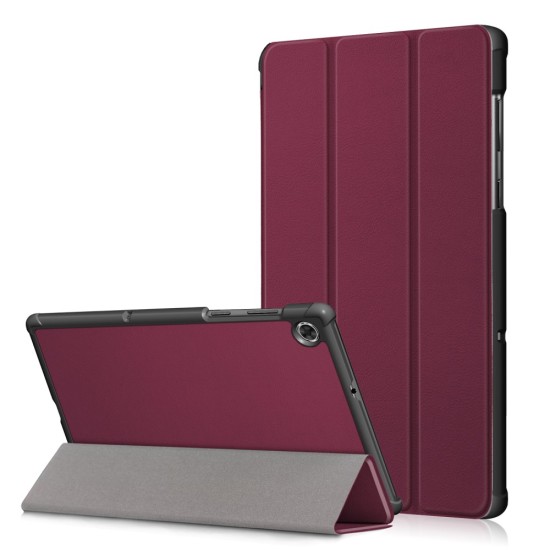 Tri-fold Stand PU Smart Auto Wake/Sleep Leather Case priekš Lenovo Tab M10 HD X306 - Bordo - sāniski atverams maciņš ar stendu