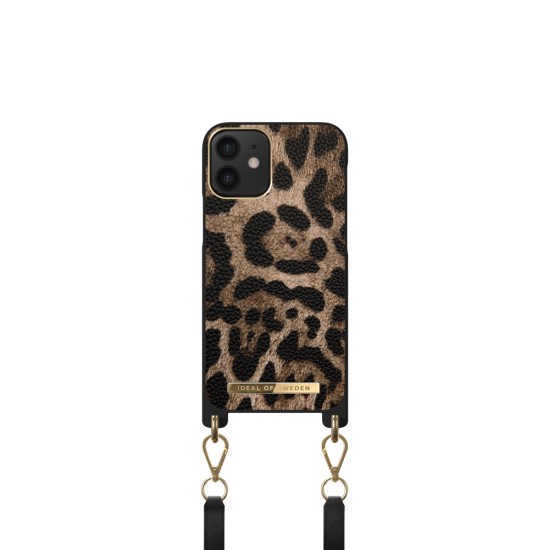 iDeal of Sweden Atelier Necklace AW21 Back Case priekš Apple iPhone 12 mini - Midnight Leopard - mākslīgās ādas aizmugures apvalks ar siksniņu / bampers-vāciņš