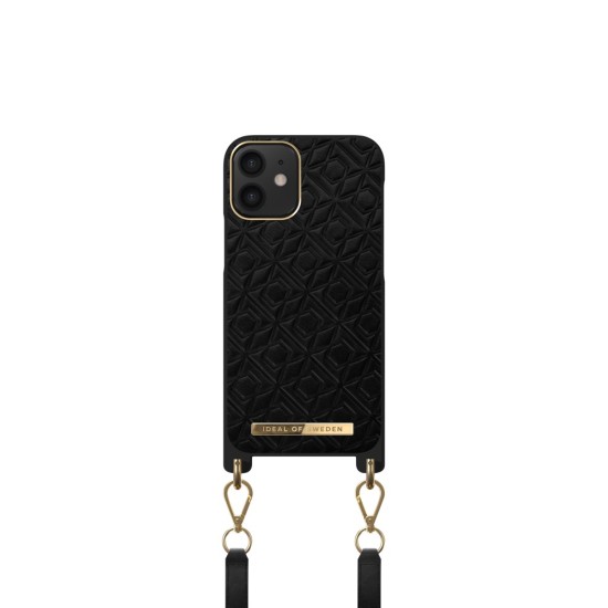 iDeal of Sweden Atelier Necklace AW21 Back Case priekš Apple iPhone 12 mini - Embossed Black - mākslīgās ādas aizmugures apvalks ar siksniņu / bampers-vāciņš