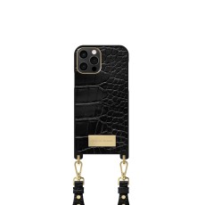 iDeal of Sweden Atelier Necklace SS22 Back Case priekš Apple iPhone 12 / 12 Pro - Black Croco - mākslīgās ādas aizmugures apvalks ar siksniņu un somiņu priekš AirPods / bampers-vāciņš