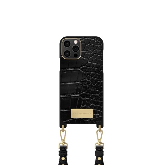 iDeal of Sweden Atelier Necklace SS22 Back Case priekš Apple iPhone 12 / 12 Pro - Black Croco - mākslīgās ādas aizmugures apvalks ar siksniņu un somiņu priekš AirPods / bampers-vāciņš