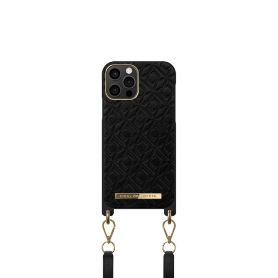 iDeal of Sweden Atelier Necklace AW21 Back Case priekš Apple iPhone 12 / 12 Pro - Embossed Black - mākslīgās ādas aizmugures apvalks ar siksniņu / bampers-vāciņš