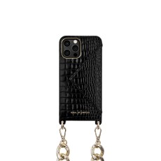 iDeal of Sweden Statement Necklace AW20 Back Case priekš Apple iPhone 12 / 12 Pro - Neo Noir Croco - mākslīgās ādas aizmugures apvalks ar siksniņu un kabatiņu / bampers-vāciņš