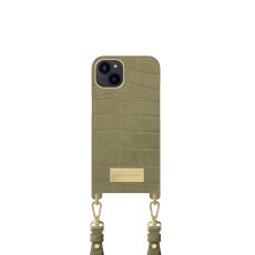 iDeal of Sweden Atelier Necklace SS22 Back Case priekš Apple iPhone 13 - Sage Croco - mākslīgās ādas aizmugures apvalks ar siksniņu un somiņu priekš AirPods / bampers-vāciņš