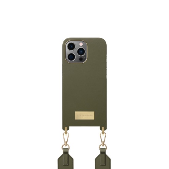 iDeal of Sweden Athena Necklace AG22 Back Case priekš Apple iPhone 13 Pro - Khaki - mākslīgās ādas aizmugures apvalks ar siksniņu un Airpods somiņu / bampers-vāciņš