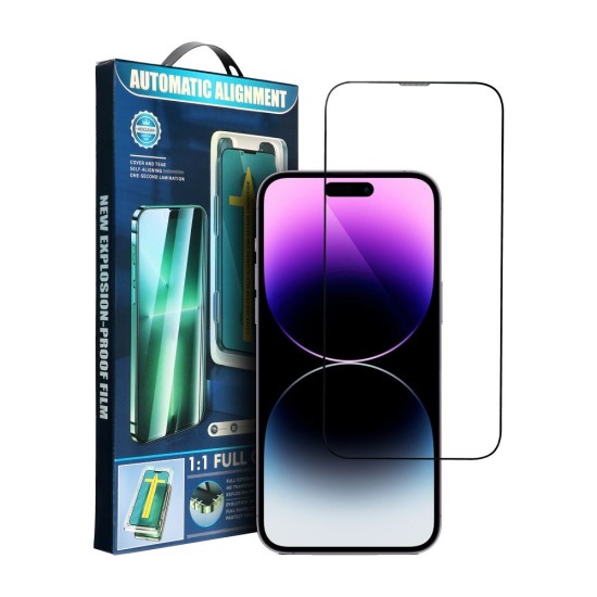 5D Full Glue (with applicator) Tempered Glass screen protector priekš Apple iPhone 13 / 13 Pro / 14 - Melns - Ekrāna Aizsargstikls / Bruņota Stikla Aizsargplēve