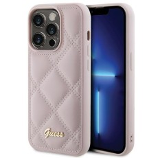 Guess Quilted Metal Logo Collection Back Case GUHCP15LPSQSQSP priekš Apple iPhone 15 Pro - Rozā - mākslīgās ādas aizmugures apvalks / bampers-vāciņš