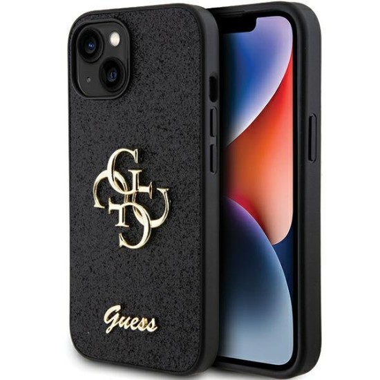 Guess Big 4G Glitter Script Collection Back Case GUHCP15SHG4SGK priekš Apple iPhone 15 - Melns - silikona-plastikāta aizmugures apvalks / bampers-vāciņš