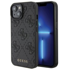 Guess 4G Leather Stamped Collection Back Case GUHCP15SP4EPMK priekš Apple iPhone 15 - Melns - mākslīgās ādas aizmugures apvalks / bampers-vāciņš