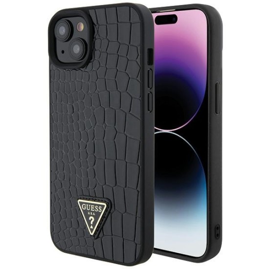 Guess Croco Triangle Metal Logo Collection Back Case GUHCP15SPCRTHCK priekš Apple iPhone 15 - Melns - mākslīgās ādas aizmugures apvalks / bampers-vāciņš