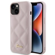 Guess Quilted Metal Logo Collection Back Case GUHCP15SPSQSQSP priekš Apple iPhone 15 - Rozā - mākslīgās ādas aizmugures apvalks / bampers-vāciņš