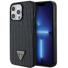 Guess Croco Triangle Metal Logo Collection Back Case GUHCP15XPCRTHCK priekš Apple iPhone 15 Pro Max - Melns - mākslīgās ādas aizmugures apvalks / bampers-vāciņš