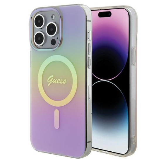 Guess IML Iridescent MagSafe Collection Back Case GUHMP15LHITSP priekš Apple iPhone 15 Pro - Rozā - silikona-plastikāta aizmugures apvalks / bampers-vāciņš