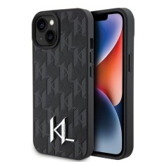 Karl Lagerfeld Leather Monogram Hot Stamp Metal series Back Case KLHCP15SPKLPKLK priekš Apple iPhone 15 - Melns - silikona-plastikāta aizmugures apvalks / bampers-vāciņš