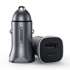 Ugreen 30W USB / USB-C 5V / 3A Car Charger - Pelēks - Ļoti ātrs auto lādētājs telefoniem un planšetdatoriem