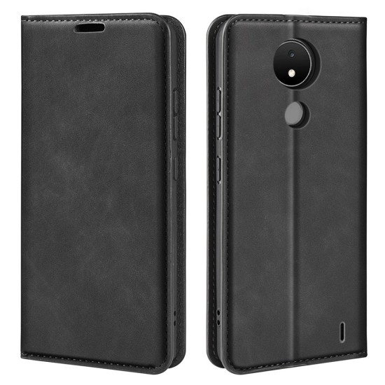 Skin-Touch PU Leather Book Case priekš Nokia C21 - Melns - sāniski atverams maciņš ar magnētu un stendu