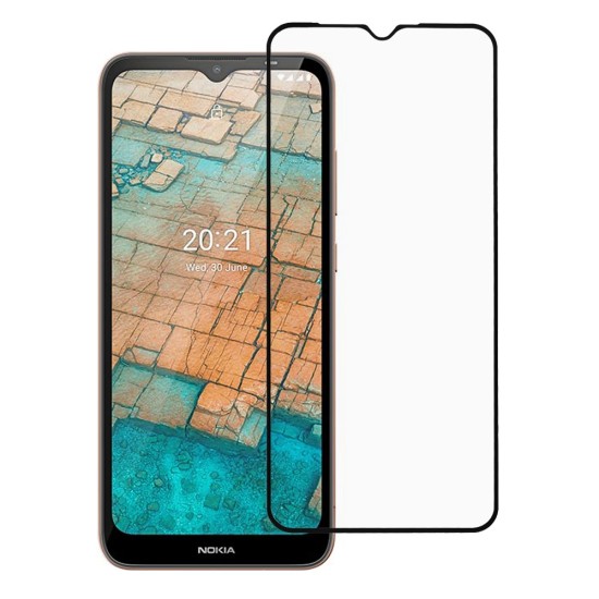 Full Size Silk Print Tempered Glass screen protector guard priekš Nokia C32 - Melns - Ekrāna Aizsargstikls / Bruņota Stikla Aizsargplēve (Full screen size curved)