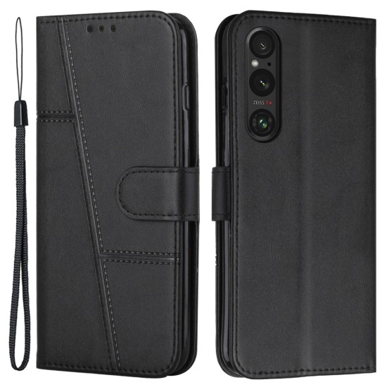 Calf Wallet Stand Leather Book Case priekš Sony Xperia 1 V - Melns - sāniski atverams maciņš ar magnētu un stendu