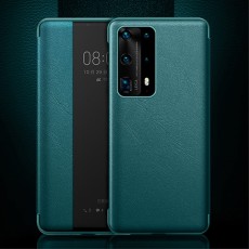 Smart View Window Touch Slide Wake / Sleep PU Leather Book Case priekš Huawei P60 / P60 Pro - Tumši Zaļš - sāniski atverams mākslīgas ādas maciņš ar lodziņu